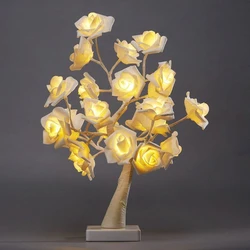 Lámpara LED de mesa con Árbol de flores rosas, luces nocturnas USB, decoración de Navidad, regalo para habitación de niños, iluminación de flores rosas, decoración del hogar, 24 LED