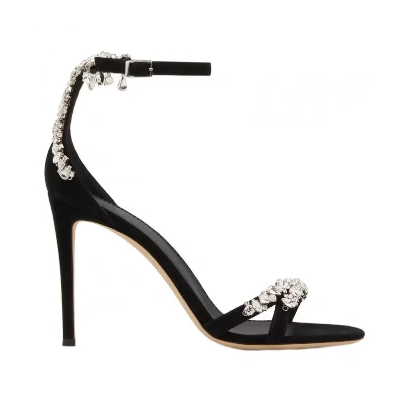 2024 New One line Buckle with Water Diamond Chain Sexy Nightclub Slim Heels Black French High Heel Sandals for Women