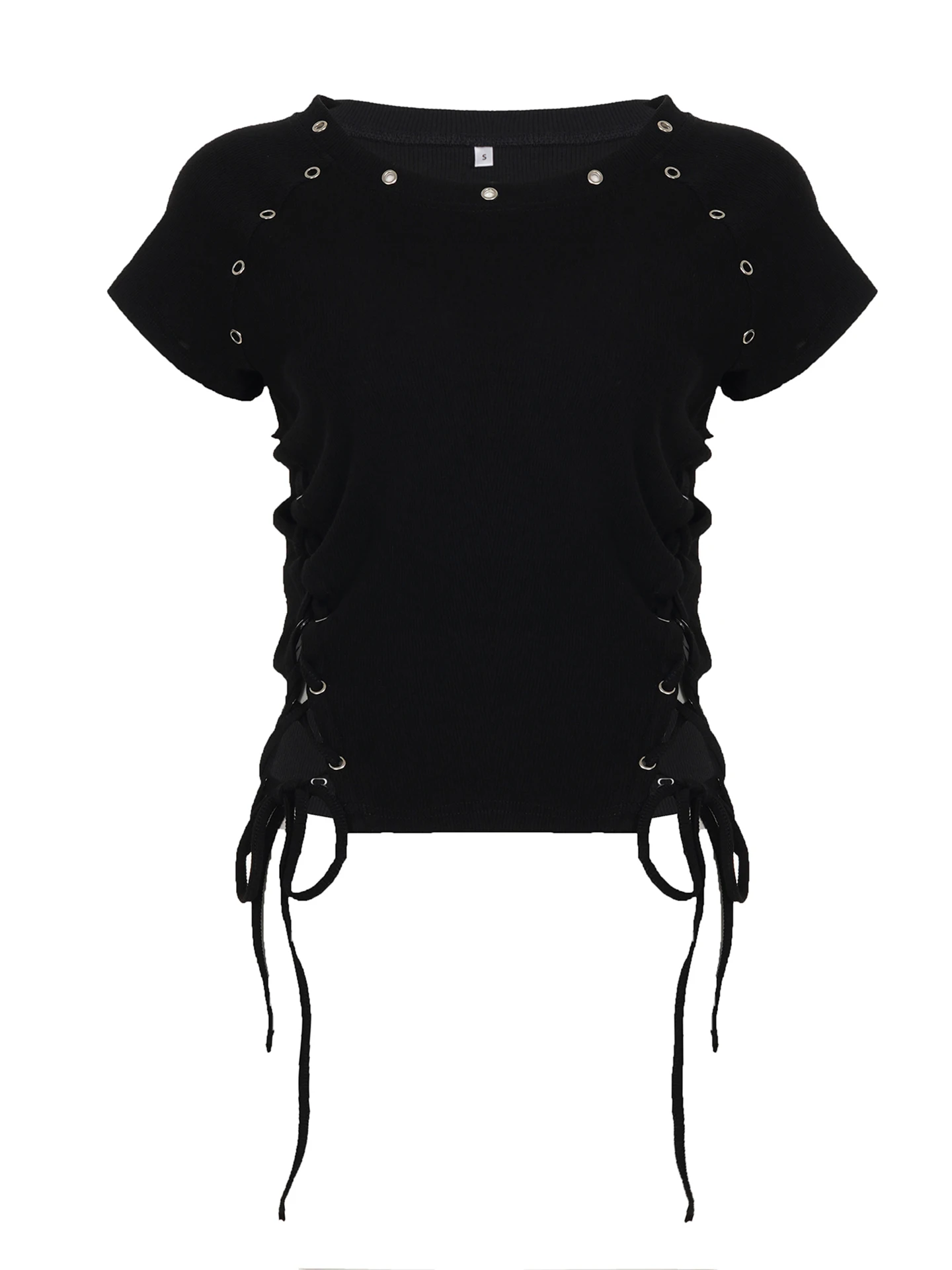 

Street Sle k Theme Chien Eye Side Tie round Ne ort Sve T-irt Women's Slim Fit Waist Cinching Top WEEKEEP