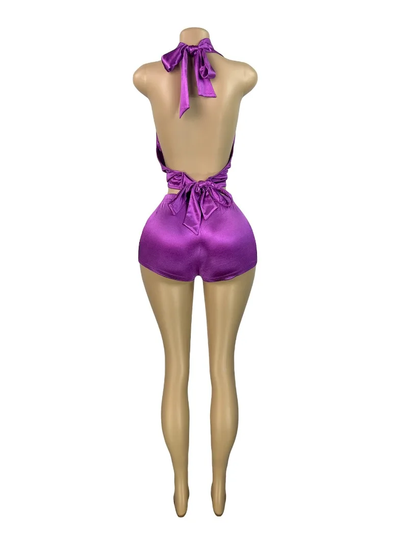 Feminino sólido brilhante cetim duas peças conjunto rendas até halter sem costas gola balançando tanque colheita topos + shorts combinando ternos clubwear