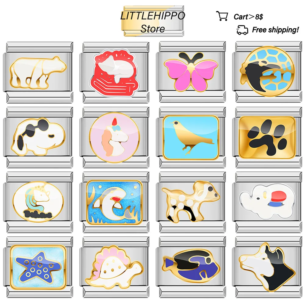 

2025 New Women's Gift Cute Animal Dog Bear Shark Italian Charms Links Beads Fit 9mm Stainless Steel Bracelet DIY Making Jewelry