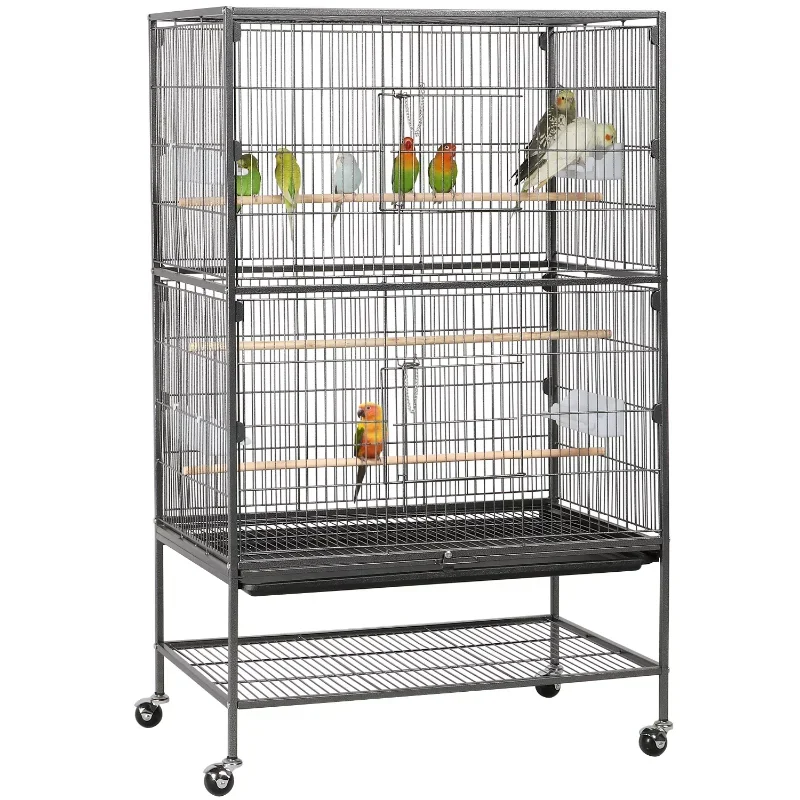 Metal  Large Rolling Bird Cage with 3 Perches  4 Feeders, and Extra Storage Shelf, Black Bird Cage Decoration