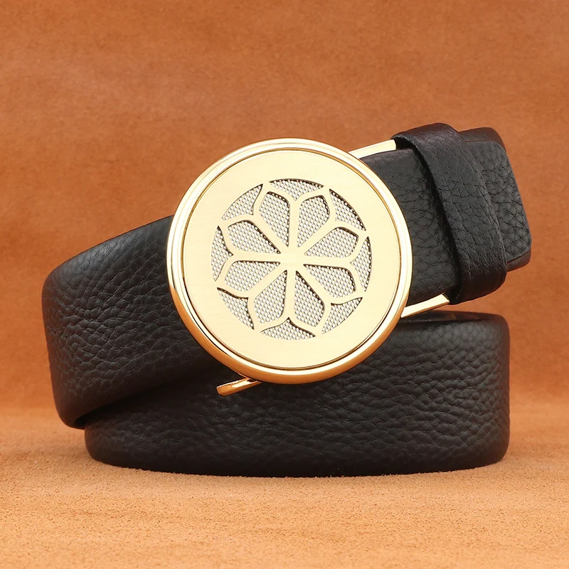 

Дизайнерские ремни мужские цветочные круглые с автоматической пряжкой из натуральной кожи черный воловьей кожи шириной 3,5 см поясной ремень ceinture homme