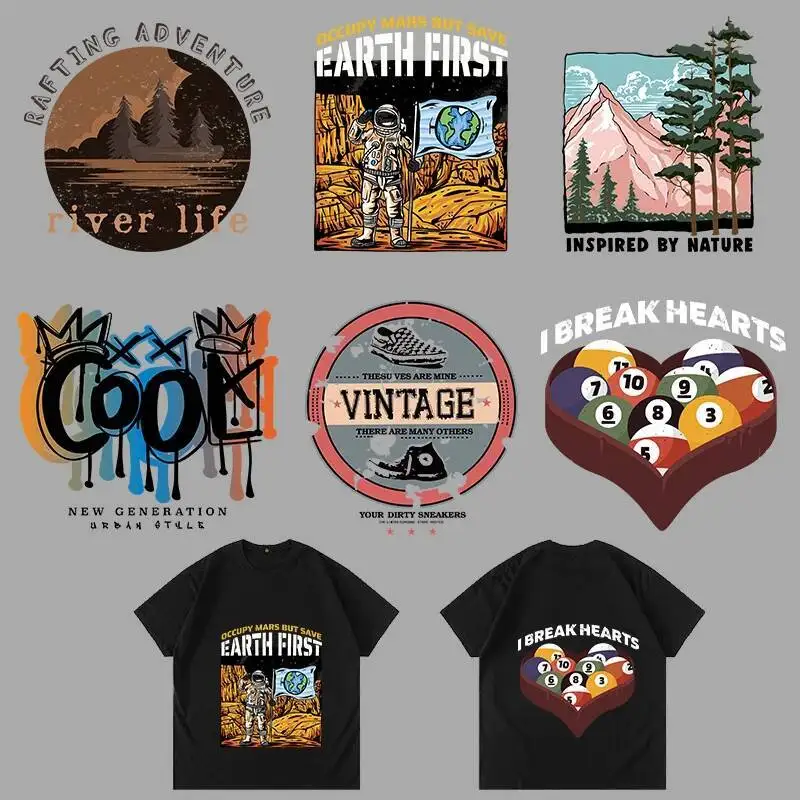 

25cm Fashion T-shirt Print Heat Transfer Iron On Stickers Vintage Alphabet pool Tennis Astros clothing DIY Stripes