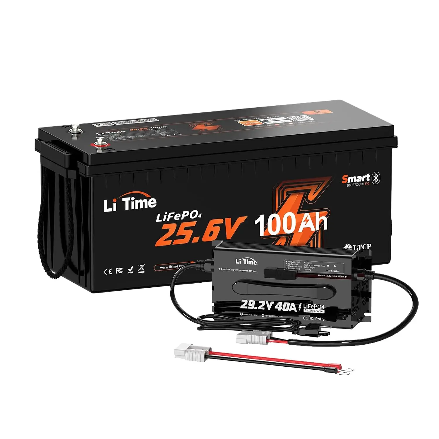 24V 100Ah Bluetooth Lithium Battery with 40A Charger for Off-grid | 100A BMS, 4000+ Deep Cycles, IP65 Waterproof,, Custom