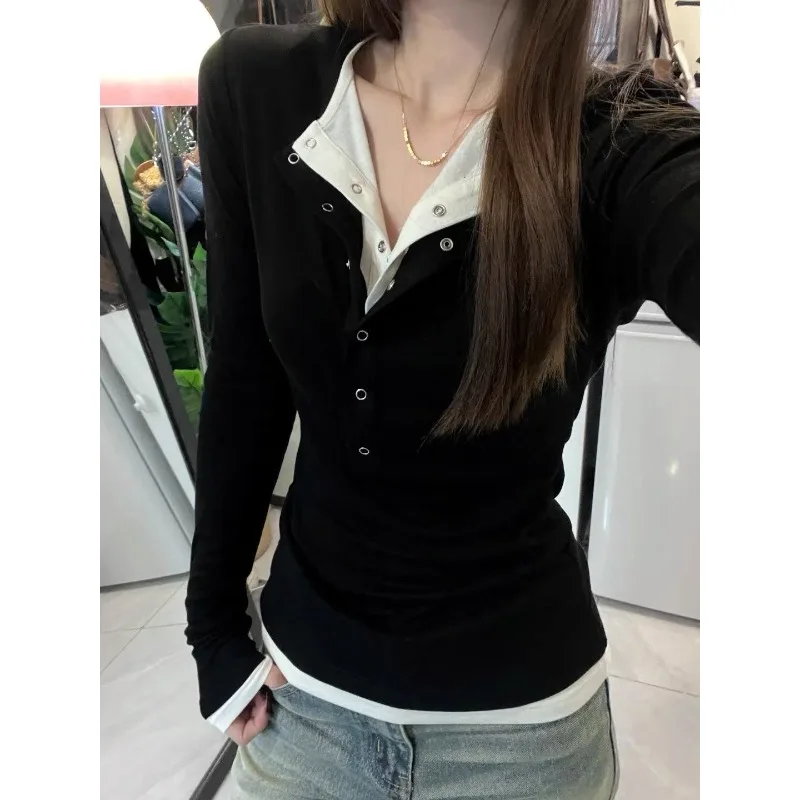 여성 슬림핏 티셔츠 가을 긴팔 버튼 페이크 투피스 블랙 핫티 스트리트웨어 아메리칸 빈티지 하라주쿠 탑스 신상