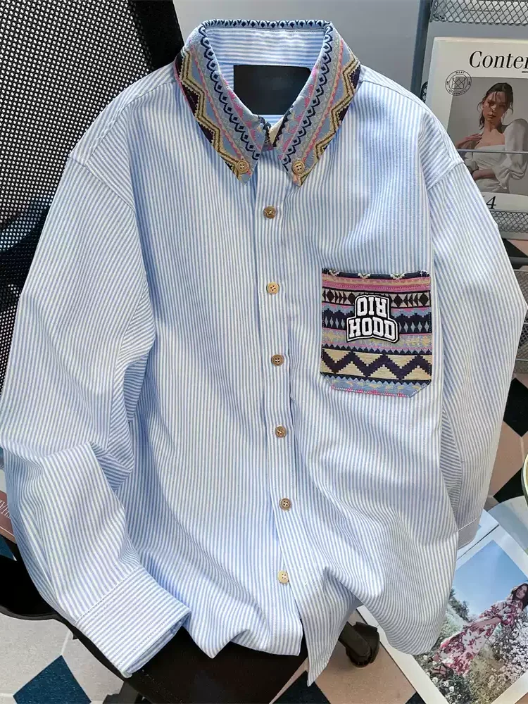 

Женская синяя полосатая рубашка с длинными рукавами и вышивкой Y2K, американская уличная эстетичная верхняя одежда в стиле ретро для колледжа, новинка 2023 года