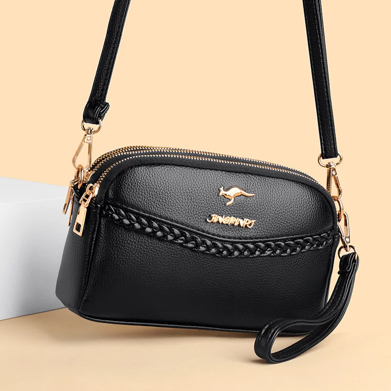 Chic Pu Leather Crossbody Bag for Women Three Layer Zipper Stylish Braid Detail, Versatile Shoulder Purse for Phones & Essential