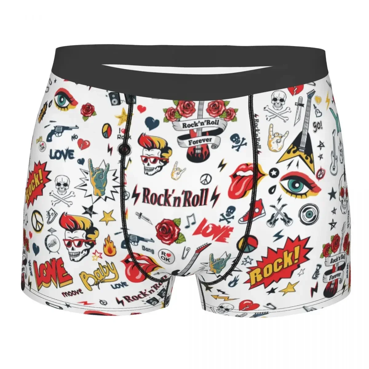 

Funny Boxer Shorts Panties Men Rock N Roll Skulls Guitar Hippie Signs Underwear Breathable Underpants for Homme S-XXL