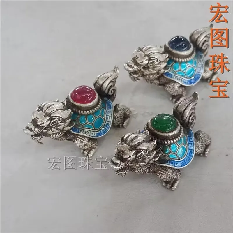 Dragon Turtle Figurines Vintage Silver Emerald Gem Dragon Turtle Sculpture Crafts Tea Pets Collectible Decorative Statues