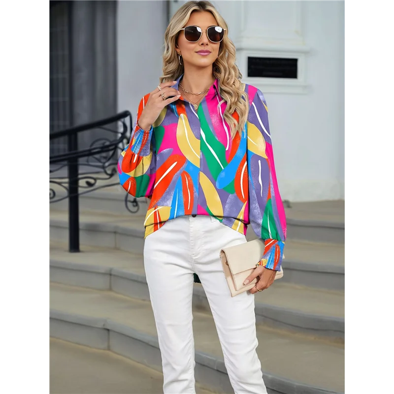 ABRT-Damskie Luźne Bluzki z Dekoltem w Serek i Nadrukiem z Bufiastymi Rękawami w Stylu Boho na Rok 2025