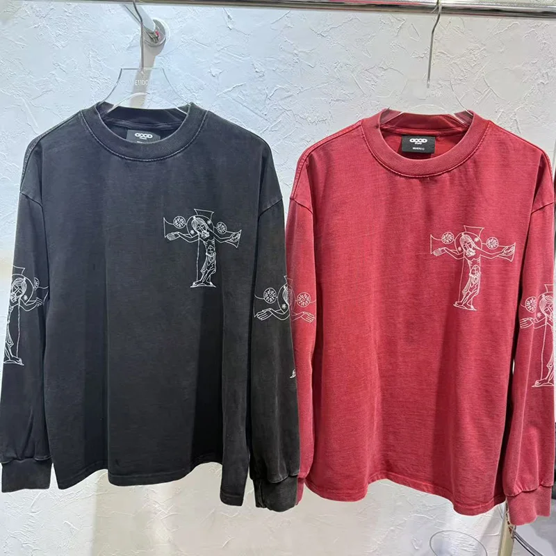 

25ss Street Striped Puppet Print Vintage Washed Cotton Round Neck Pullover Sweatshirts GOODBRAND Long Sleeve Tshirts Men Women