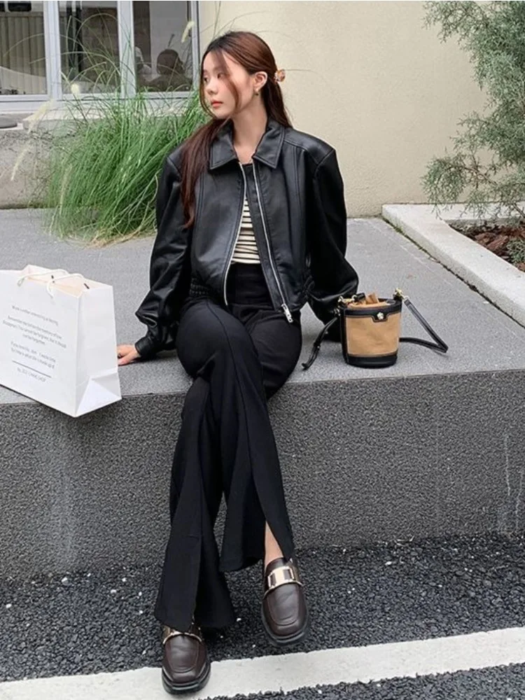 Jesienna Kurtka Skórzana Moto Biker na Zamek Retro Krótka Uniwersalna Kurtka Skórzana Płaszcz Skórzany Kurtka Damska