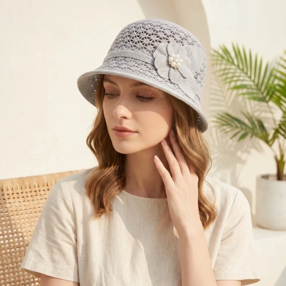 

Elegant Hollowed-Out Sun Hat Floral Decoration Short-Brimmed Style Rolled-Brim Hat Adjustable Breathable