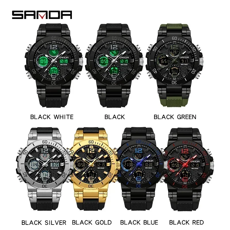 Mode Sanda 2024 Dual Screen Herren Led Digitaluhr Nachtlicht Wasserdicht Multifunktionale Beliebte Wecker Armbanduhr 6167