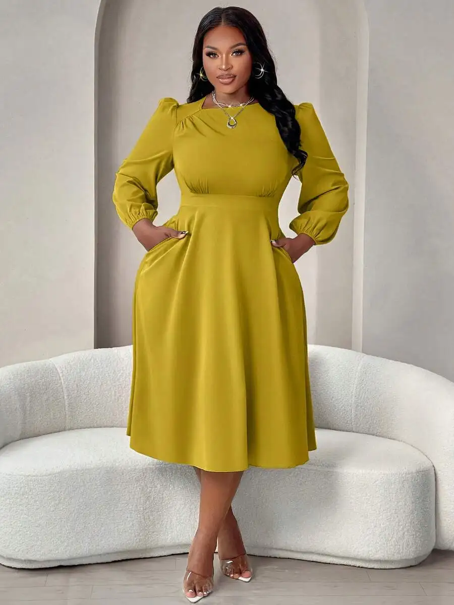 

Elegant Long Sleeve Flared Midi Dress For Women Green Autumn Spring Formal Occasion