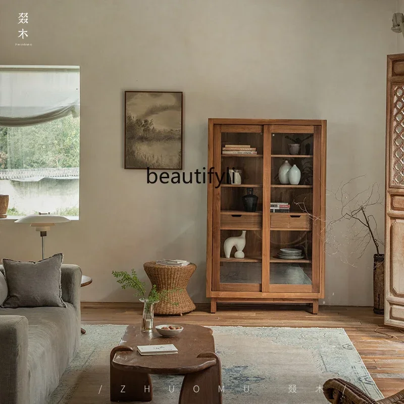 

YH \ Nordic retro wine cabinet, antique bookcase, all solid wood glass storage, display cabinet