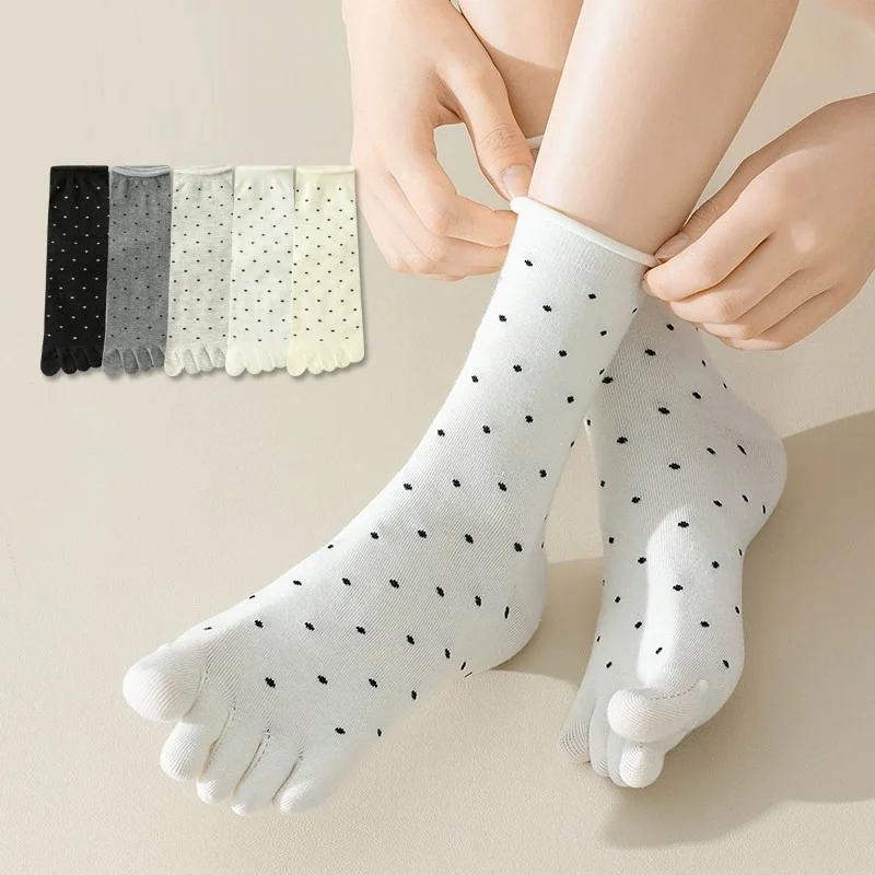 1 Paar Zehensocken für Damen, mittellange Fünf-Finger-Socken, niedliche Punkte, hochwertige Baumwoll-Crew-Socken mit separaten Fingern