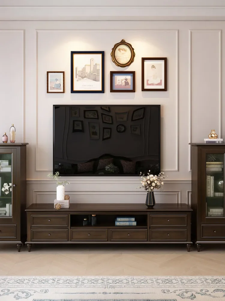 

American retro black walnut living room high TV cabinet modern furniture coffee table combination