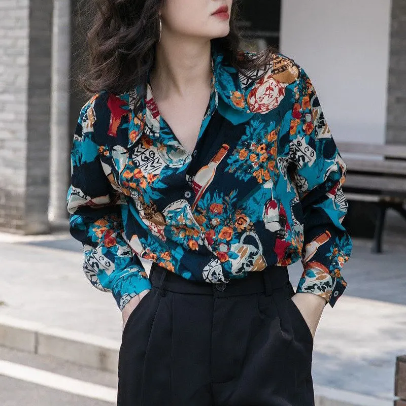 Y2K Harajuku Vintage Print Chic Streetwear Casual Loose Button Up Shirt 2023 Spring Autumn Fashion Long Sleeve Top Blouse Blusas