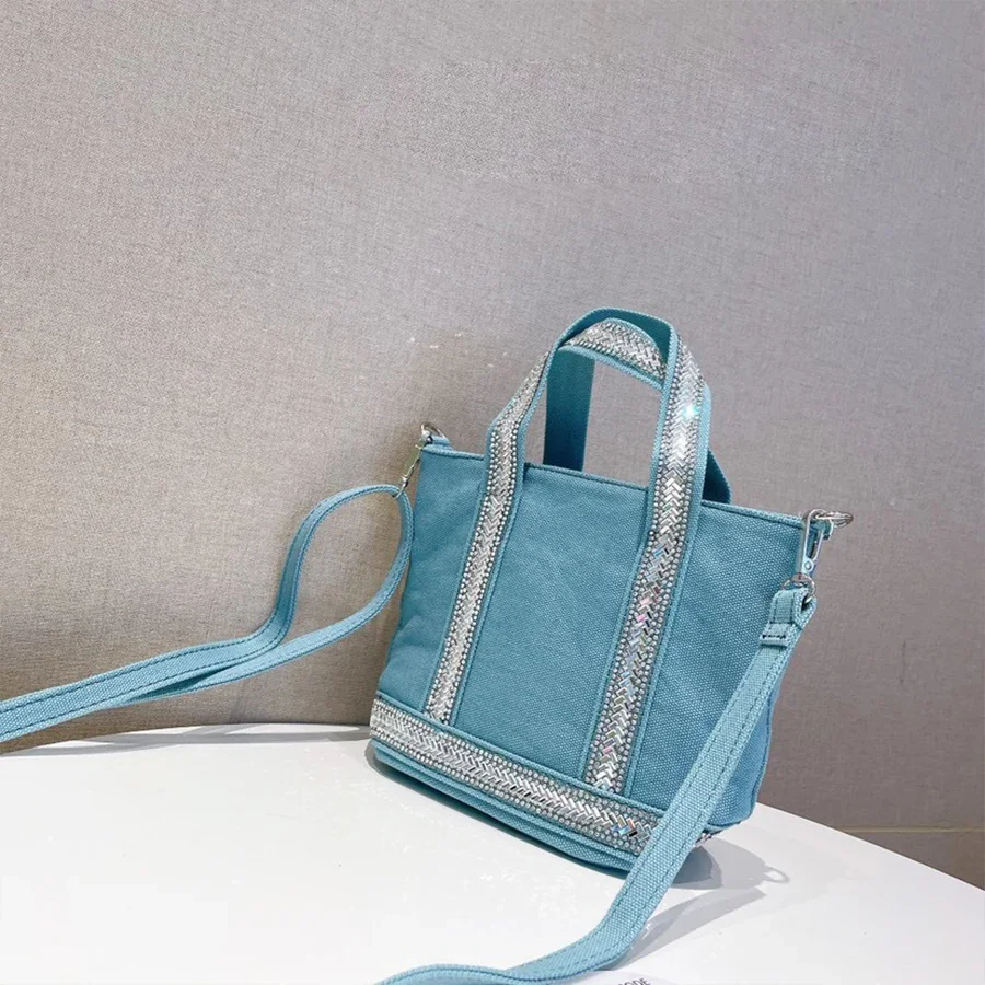 

Korean Canvas Rhinestone Large-capacity Tote Bags Contrasting Color Retro One-shoulder Messenger Bag For Women Handbags 2022 New