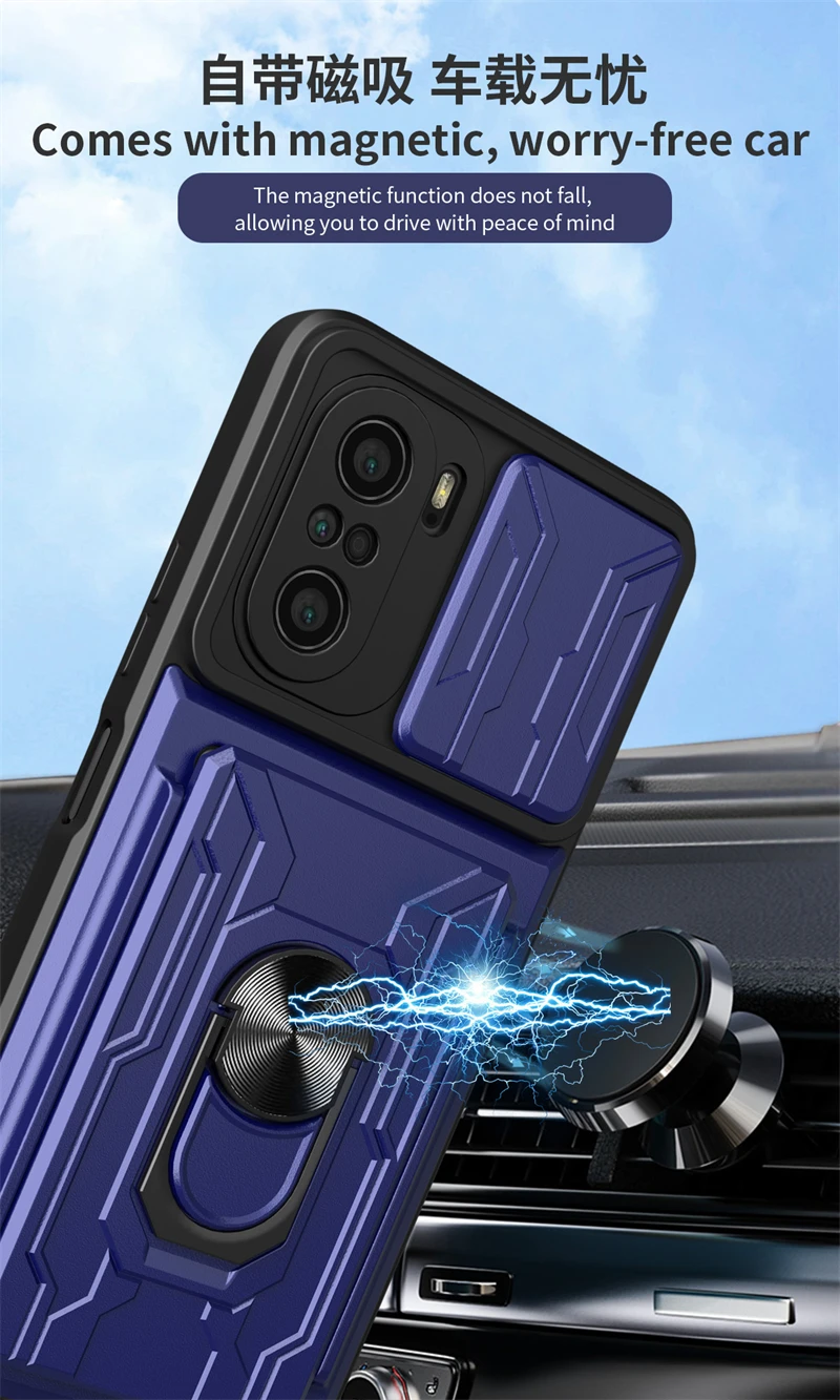 For xiaomi poco f3 case slide card camera armor phone case for pocophone little poco f3 f 3 pocof3 f3poco car holder back cover - view 6