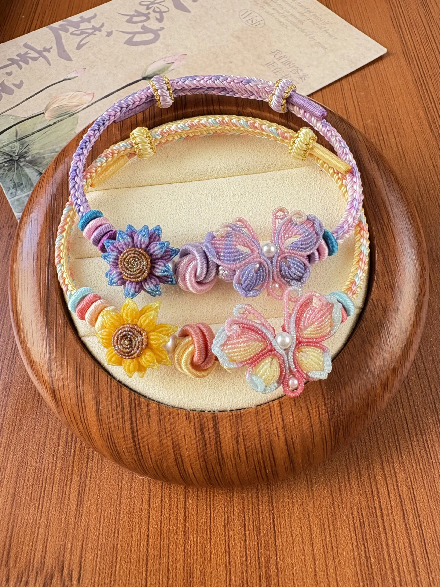 Chinese Style Lucky Blessing Dimple Knot Butterfly Sunflower Braided Bracelet Handmade Intangible Cultural Heritage Diy Adjustab