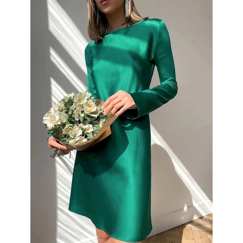 

Imitation Acetate Satin Long Sleeve Dress Women's Spring Leisure Solid Color Pullover round-Neck High Waist Base A Line skirt