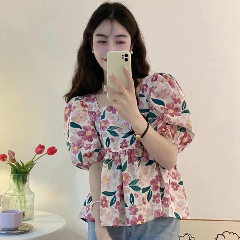 

Romantic Square Collar Bubble Sve irt Women's Summer New Gentle Floral Doll irt ort Top Korean Sle Printed Blouse