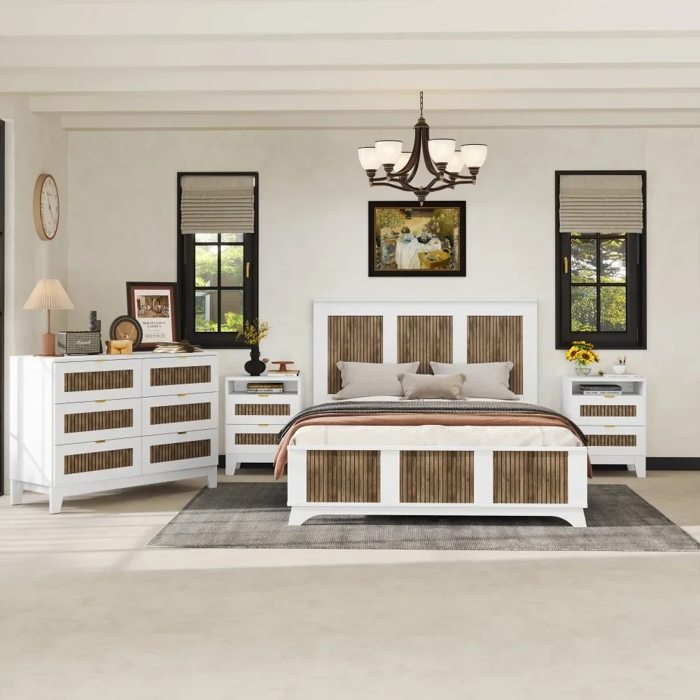 

4-piece Bedroom Furniture Set, Large Farmhouse Platform Bed Decorated with Wooden Strips, Storage Bedside Table, Dressing Table