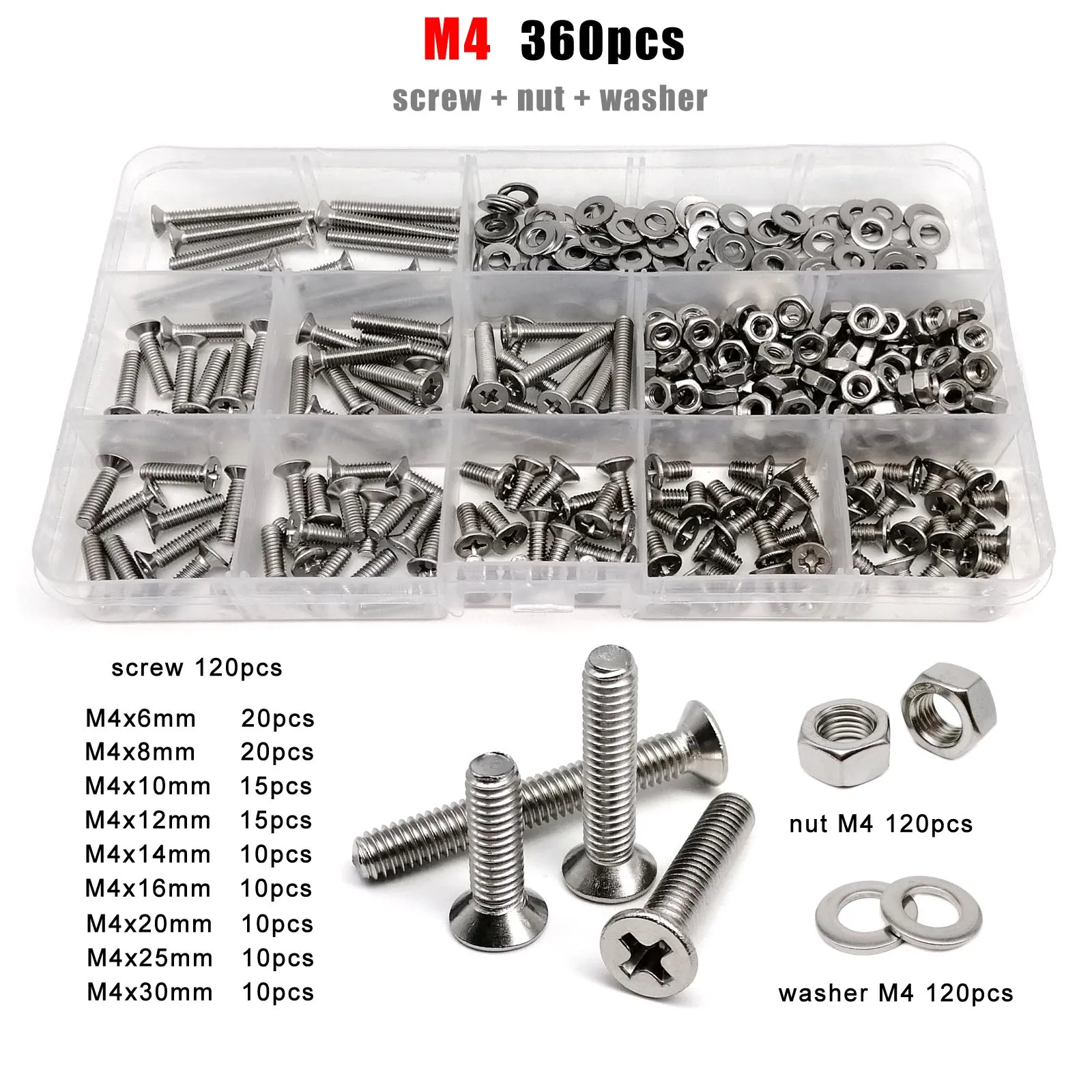 

1 Box GB819 M1.6 M2 M2.5 M3 M4 M5 M6 M8 304 Stainless Steel Phillips Cross Flat Countersunk Head Screw Bolt Nut Assortment Kit
