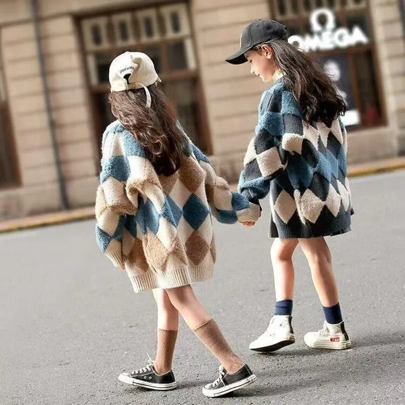 

Kids Spring and Autumn Girls' Sweater Jacket Fashionable Children's Casual Loose Knitted Cardigan Medium Long Coat 120-170CM