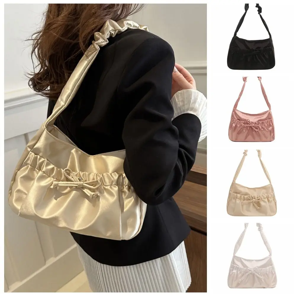 

Simple Satin Pleated Hand Bag Bow Korean Style INS Shoulder Bag Luxury Portable Fashion Underarm Bag Outdoor