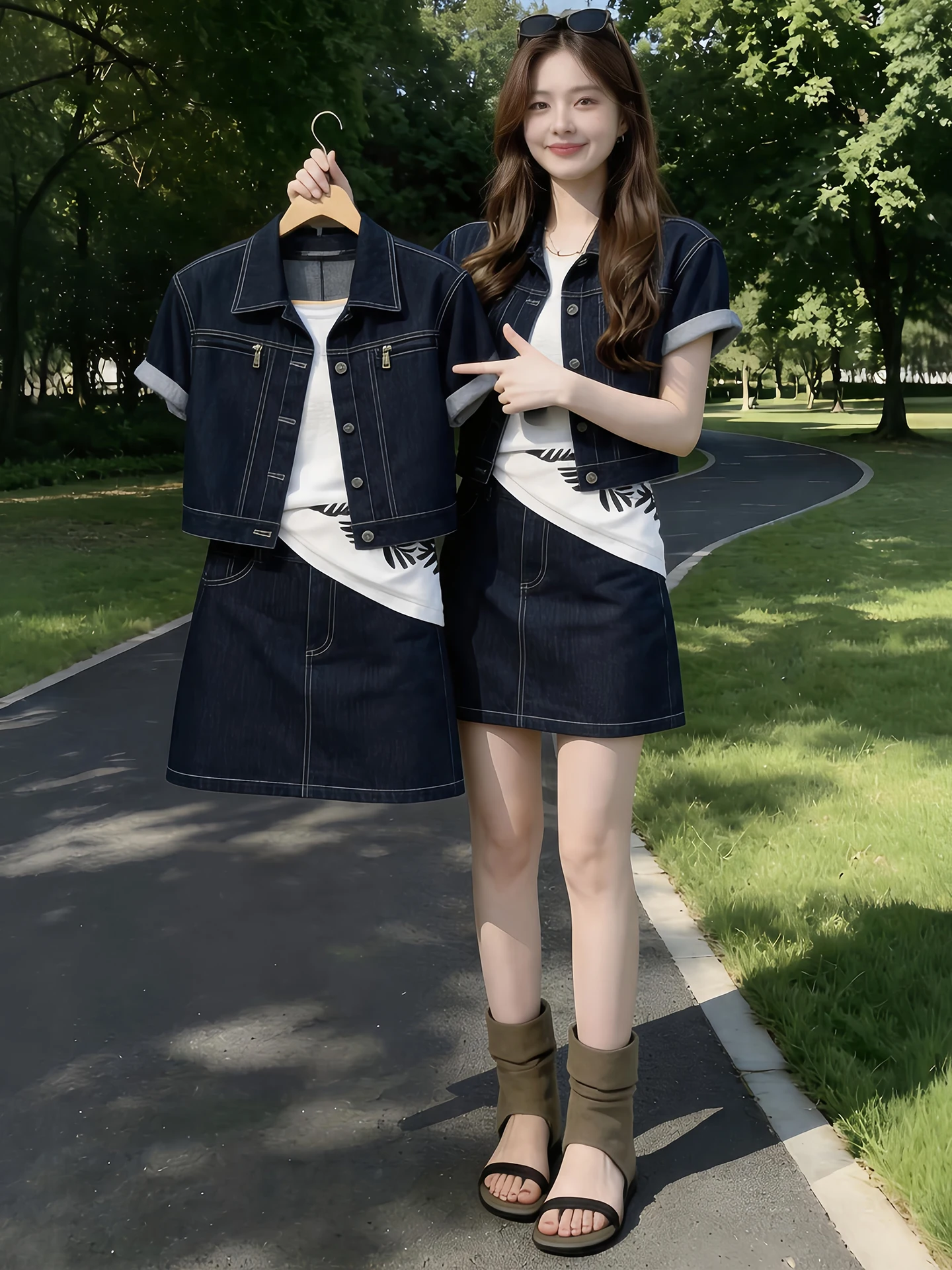 

Summer Fashionable Denim Jacket Short Skirt Scarf Set Ageless Chic High-End Feeling Appropriate Women's Two-Piece Suit Casual...