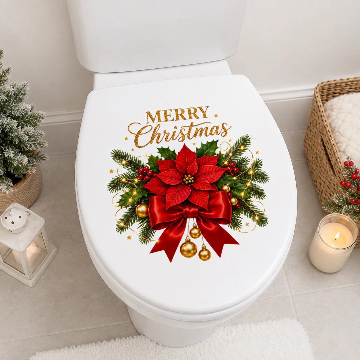 Merry Christmas Wall Decals Xmas Poinsettia Red Bow Holly Berry Bauble Holiday Toilet Lid Bathroom Sticker Decor