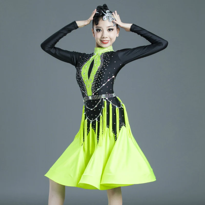 New Girls Latin Dance Competition Dress Rhinestone Long Sleeves Dress Performance Costume Rumba Cha Cha Dance Clothes DNV21004