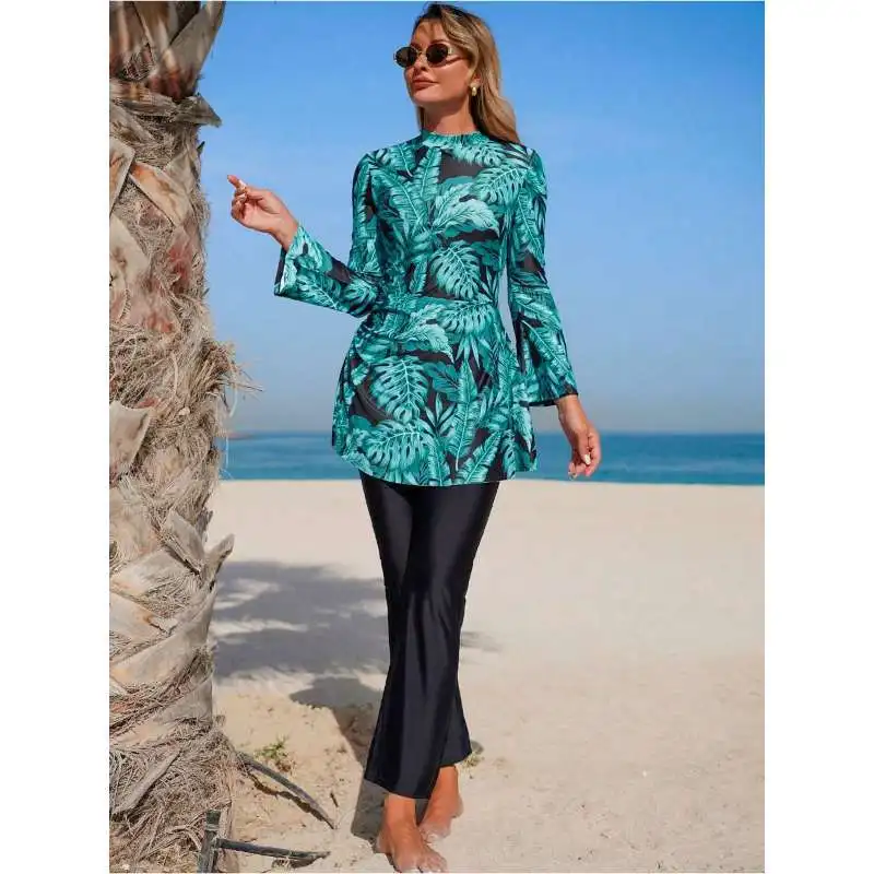 New women's swimsuit with long sleeves and long pants, two-piece set, conservative split tankini swimwear
