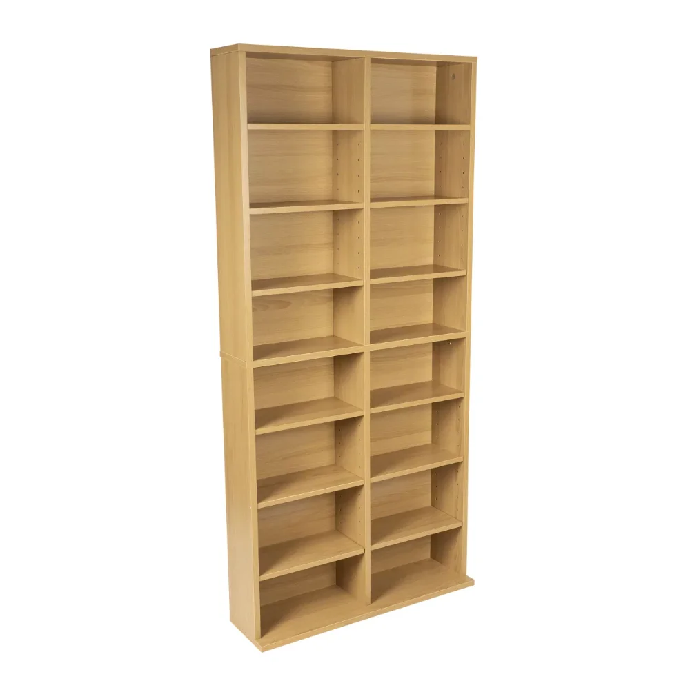 

Adjustable 16-Shelf Media Storage Shelf Bookcase 25x54x7 (228 DVDs, 464 CDs), Maple