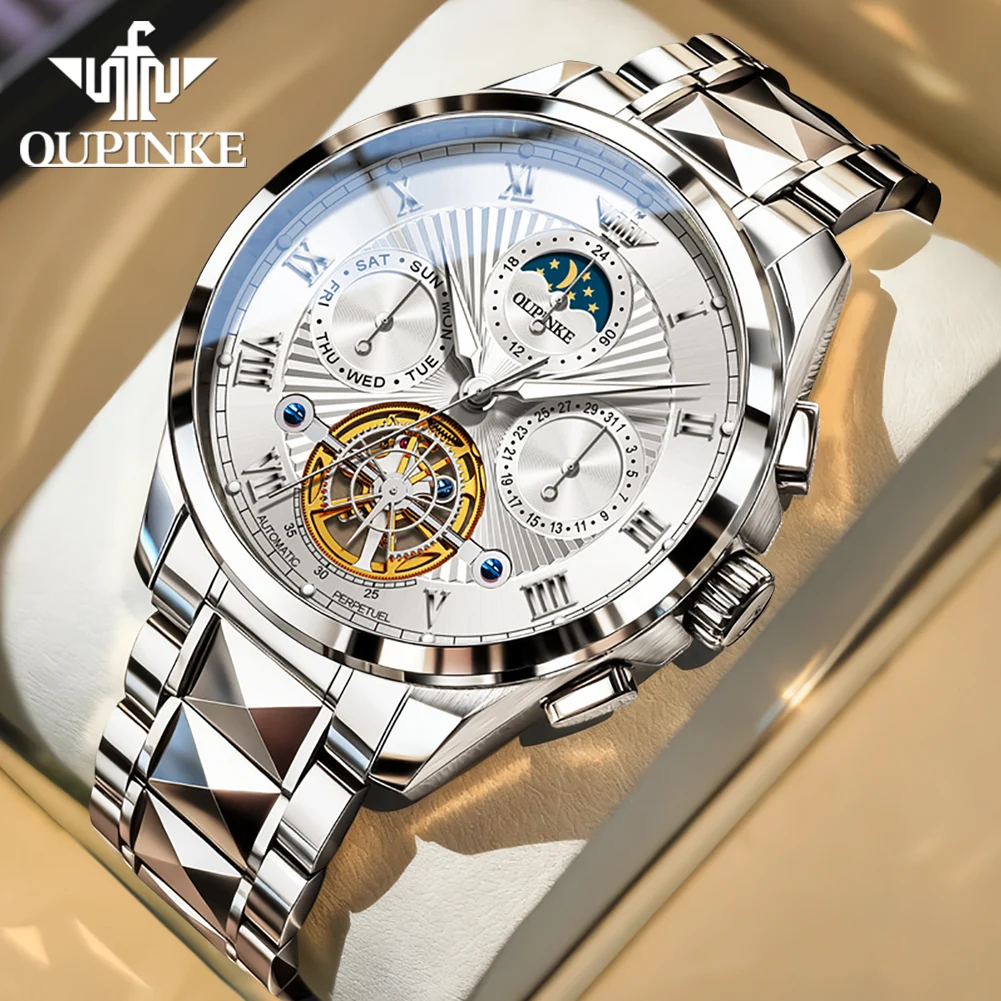 OUPINKE 3322 Heren Mechanisch Horloge Origineel Luxe Wolframstaal Multifunctioneel Skelet Tourbillon Automatisch Horloge voor Heren