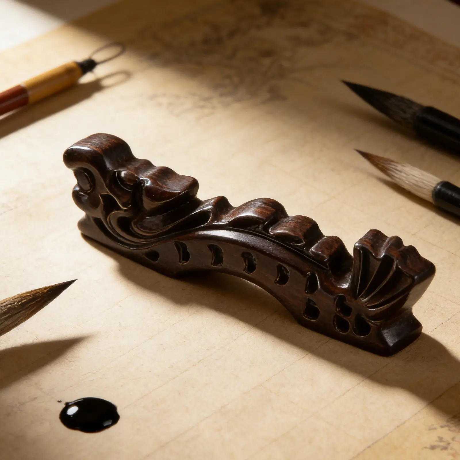 2Pcs Dragon Motif Wooden Brush Holder for Chinese Ink Brushes - Functional Paintbrush Rest Stand Prevents Deformation Keeps Desk