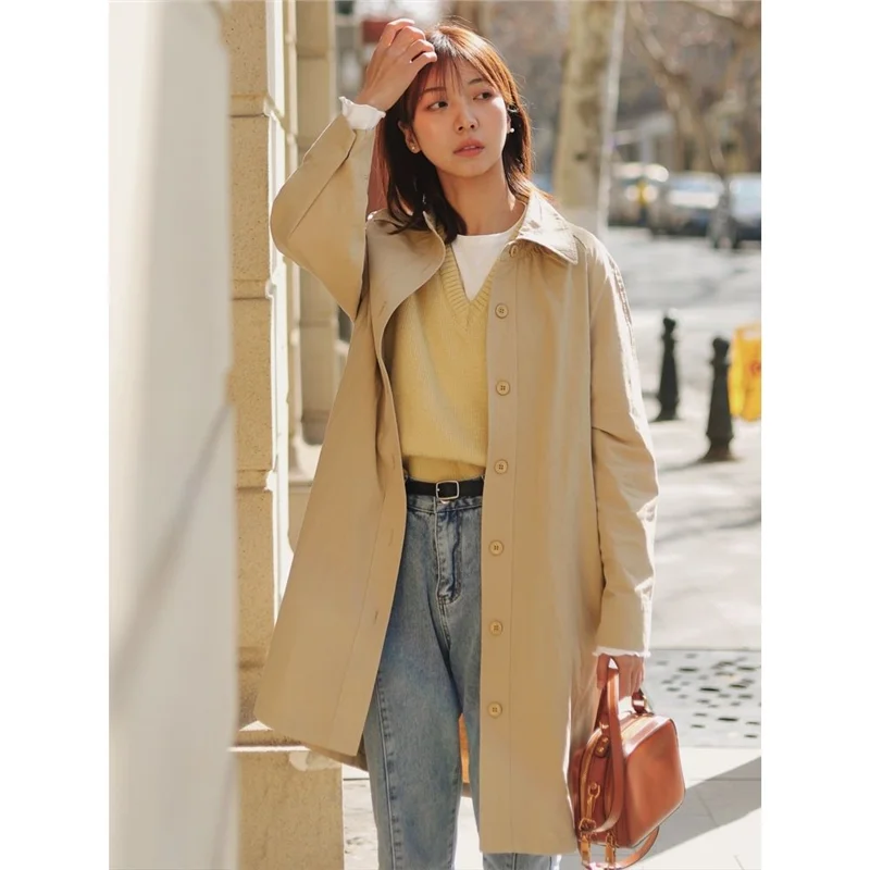 Spring Autumn Women's Mid-Length Thin Coat Single Button Cotton 00% New 2025 Japanese Sle Small Size Friendly Outerwear