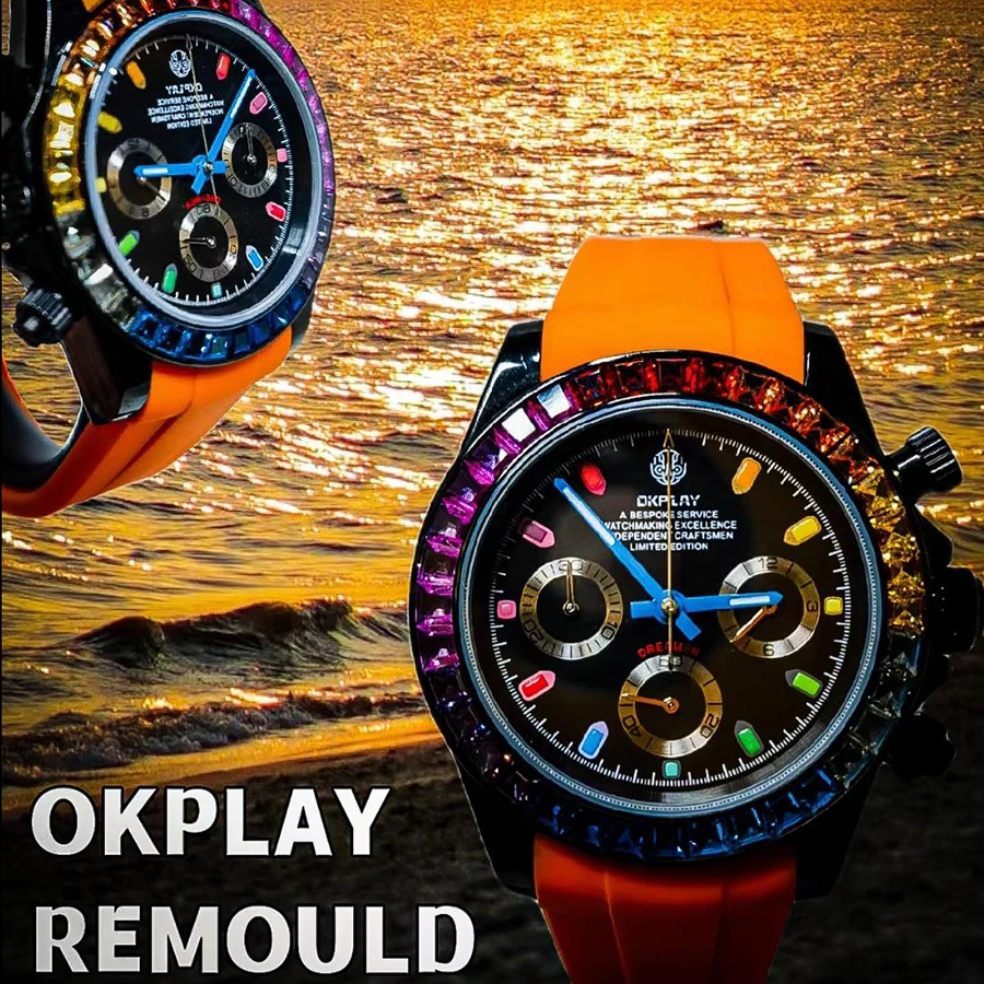 OKPLAY Men Chronograph Watch 39.5mm Modified Customized Quartz Wristwatch Sapphire 100M Waterproof Triple Windows