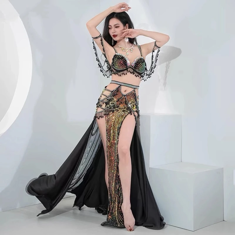 

Belly Dance Performance Costume, Sequin Embroidery, Crystal Bead Tassel Set, Customized Oriental Dance Competition Costume