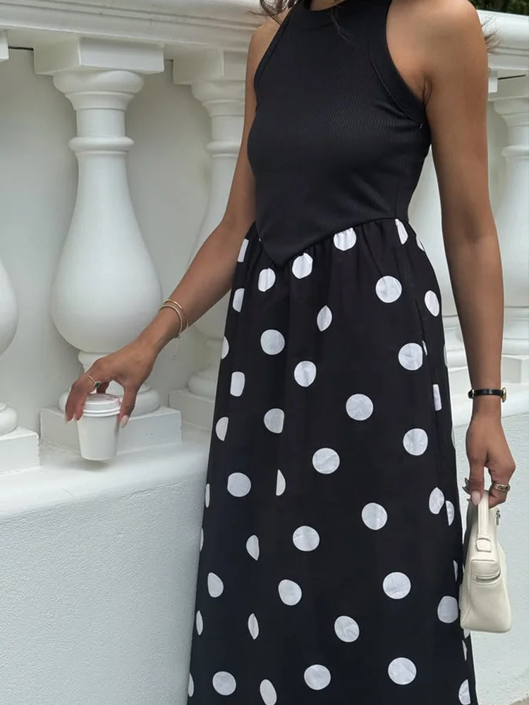 Tank Dot พิมพ์ชุด Maxi สําหรับผู้หญิงแฟชั่นเซ็กซี่แขนกุด O-คอ Streetwear ยาว Vestidos Robes หญิงสบายๆ