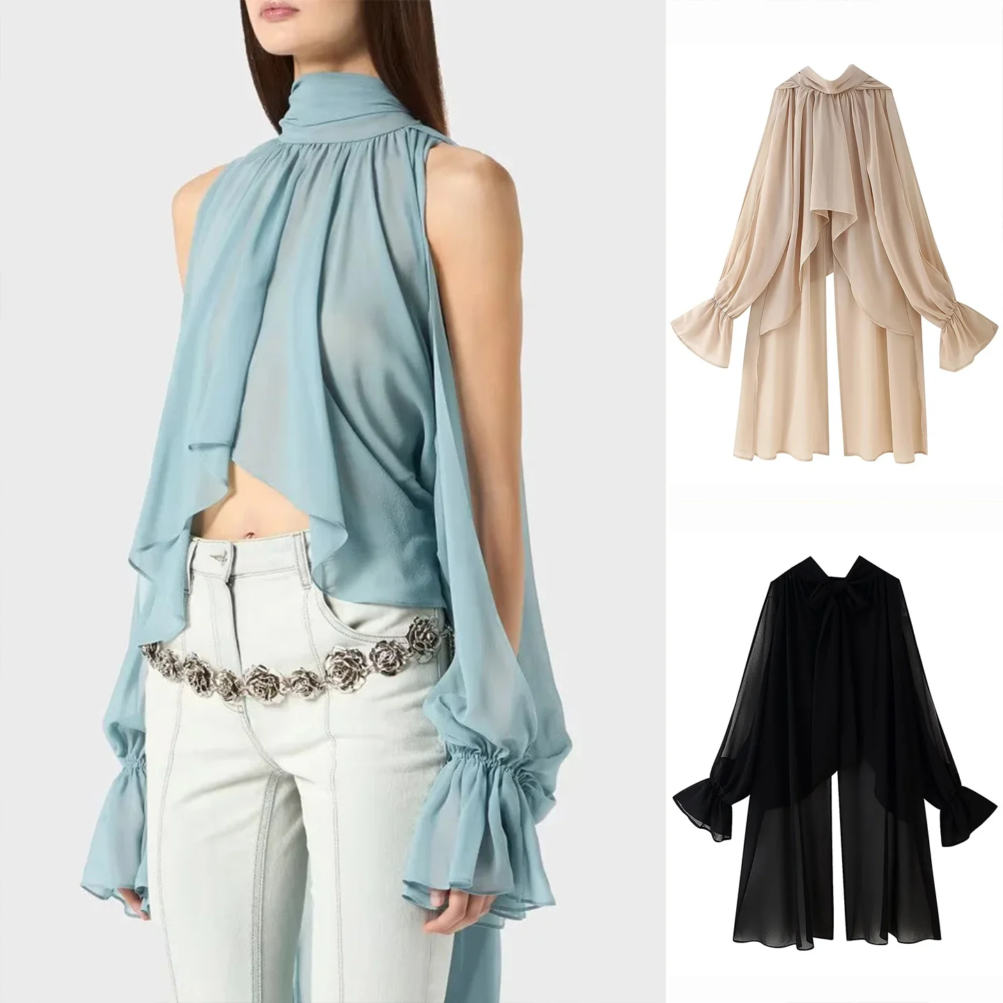 

Summer New Women's Loose Long-Sleeve Chiffon Shirt Shoulder Bared Stand Collar Uneven Design Commute Style Polyester Fiber