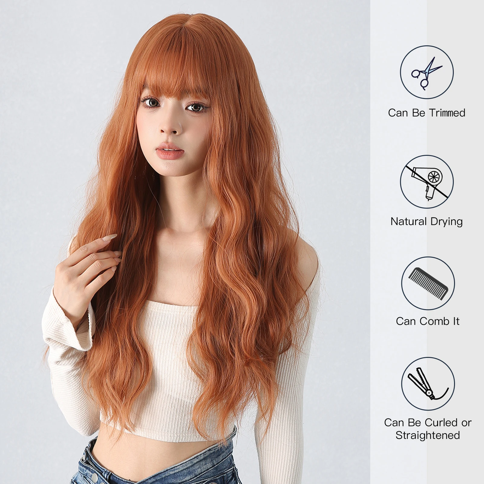 Copper Wigs Ginger Red Brown Long Fluffy Wavy Synthetic Wigs with Bangs Cosplay Hair Wig for Women Daily Natural Heat Resistant