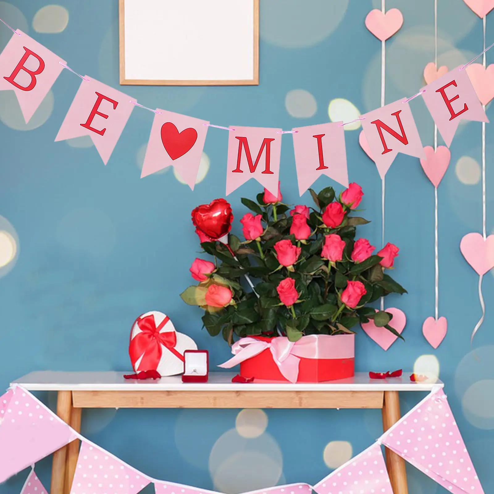 Be Mine Valentine Banner Heart Shaped Paper Decoration for Wedding Proposal Valentine's Day Indoor Outdoor Fireplace Mantle - view 5