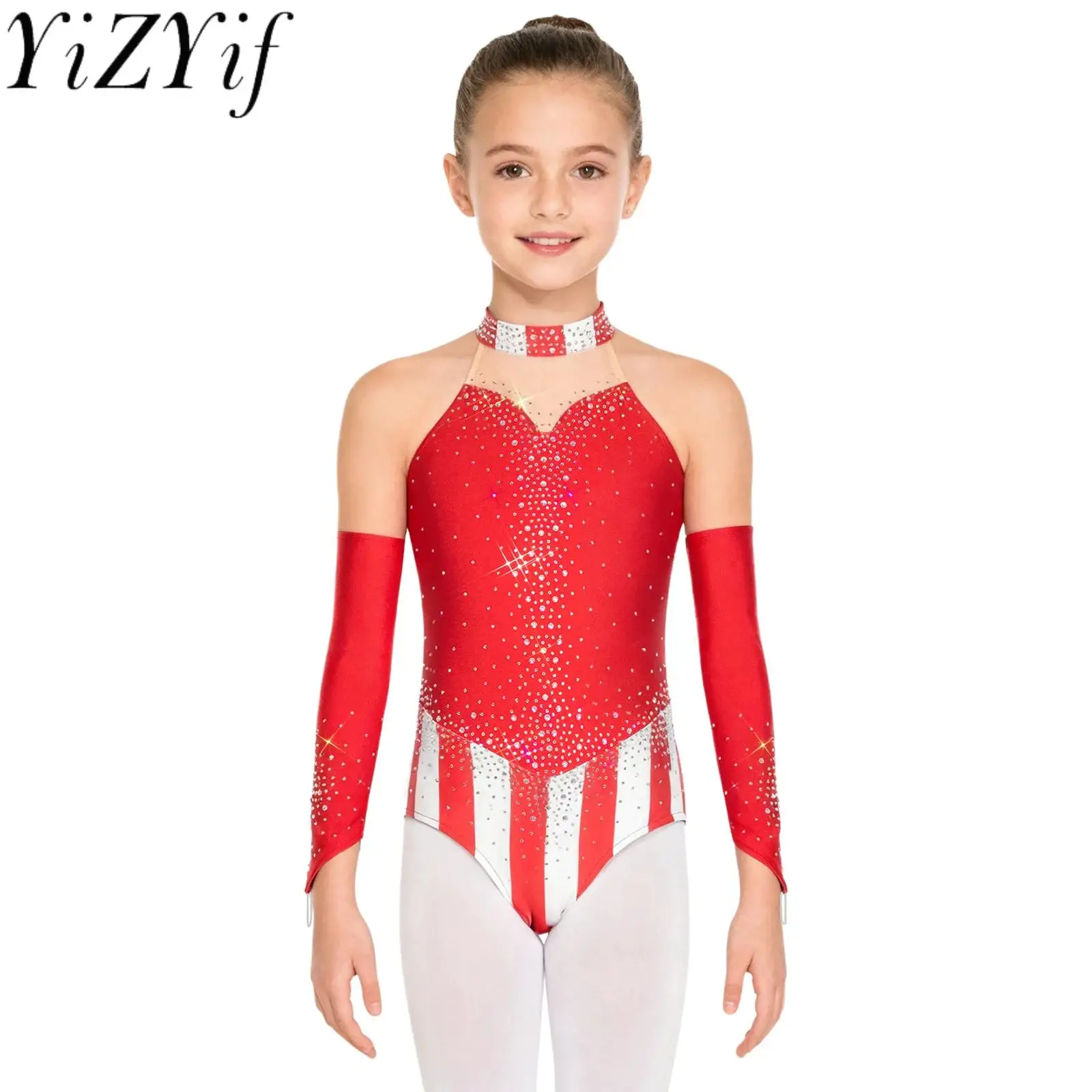 

Kids Girls Lyrical Rhinestones Gymnastics Acrobatics Ballet Dance Performance Jumpsuit And Oversleeves Striped Dance Costumes