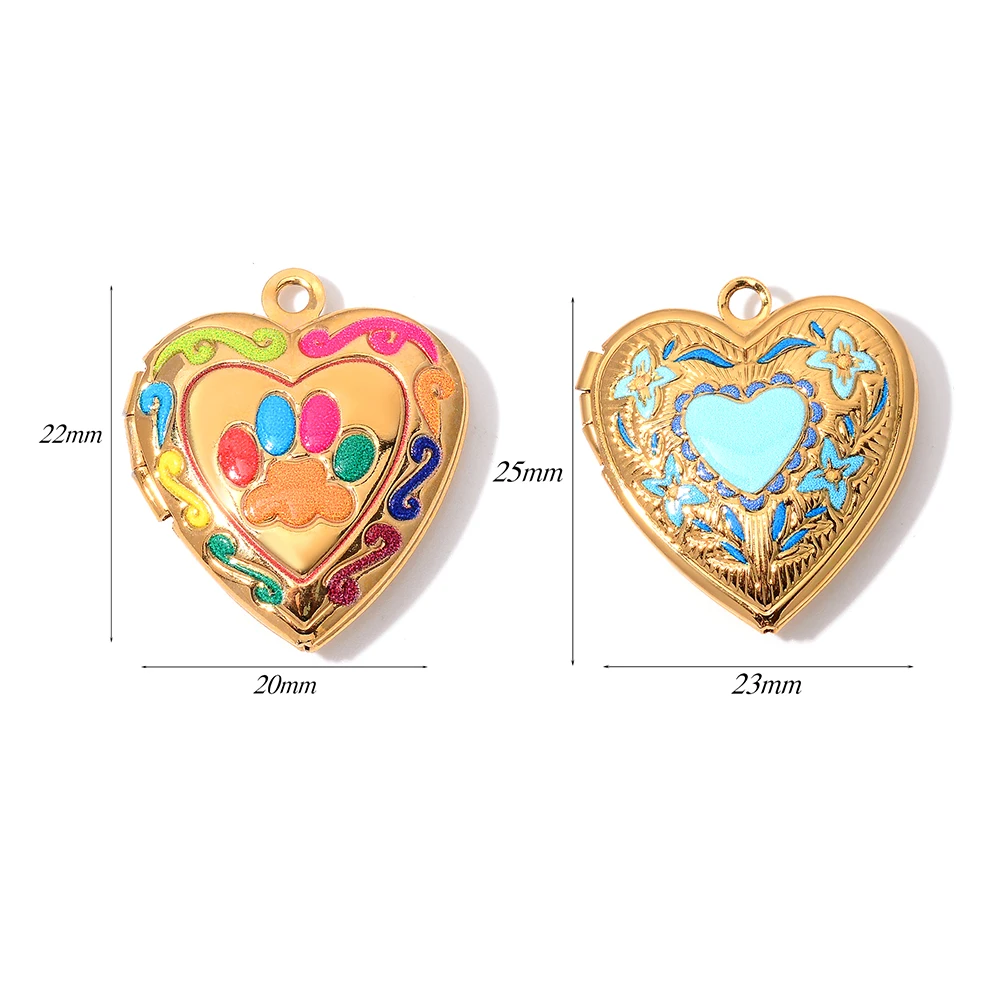2pcs Stainless Steel Heart Pet's Paw Flower Love Photo Frame Locket Charms Pendants Can Open For DIY Necklace Jewelry Gift