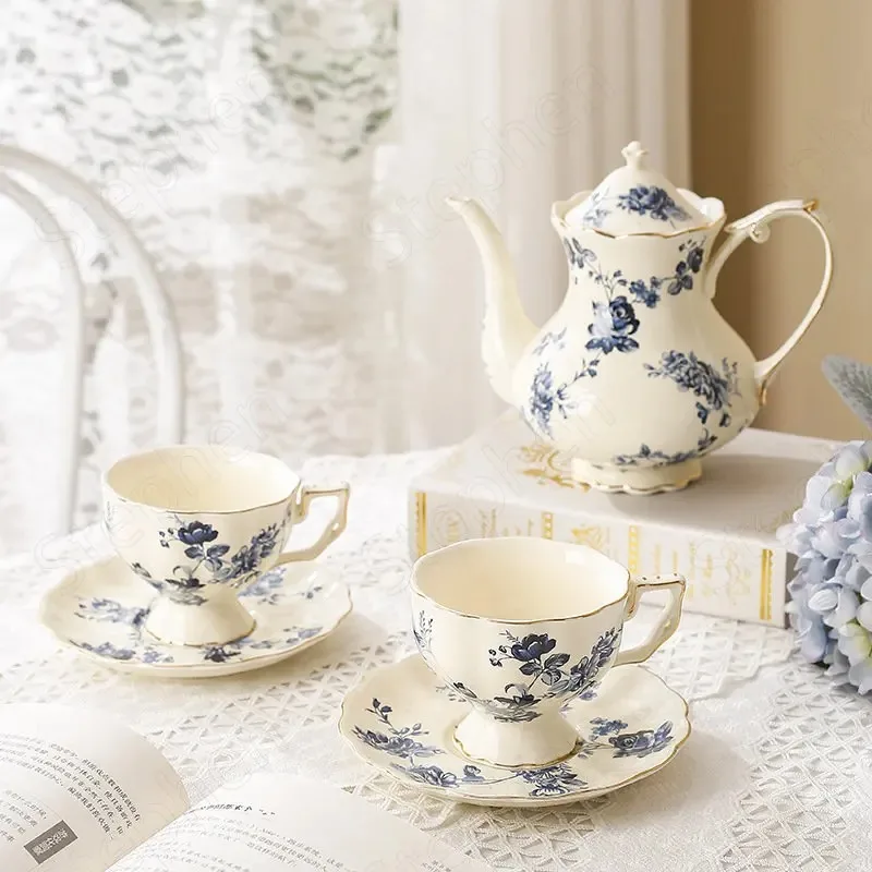 English Classical Coffee Cups and Saucers Nordic Court Afternoon Tea Set Teapot Retro Orchid Painting Cup Gold Stroke Drinking